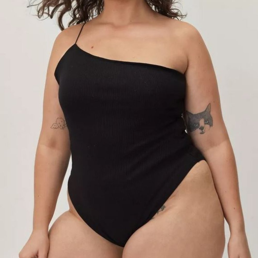 Plus Size Black One Shoulder Ribbed Bodysuit (Size 20)